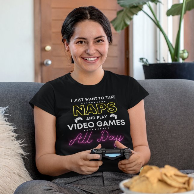 Camiseta Nap and Play Video Games all Day White Pink Yellow ("I just want to take naps and play video games all day" funny t-shirt.)