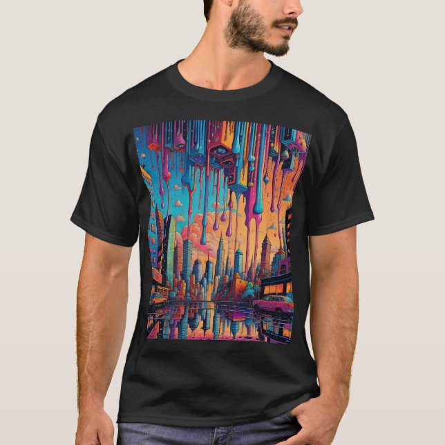 Camiseta Naranja azul psicodélico Drippy City (Anverso)