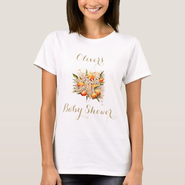 Camiseta Naranja Baby Shower Género Cítrico Neutral (Anverso)