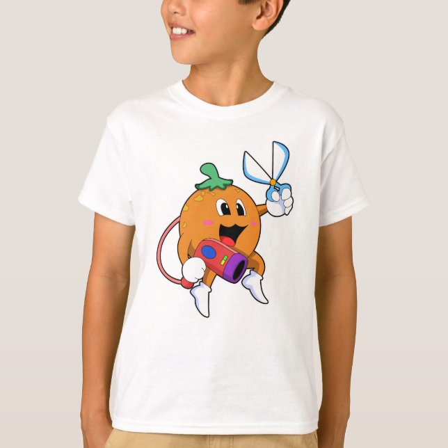 Camiseta Naranja como peluquero con tijeras y secador de pe (Anverso)