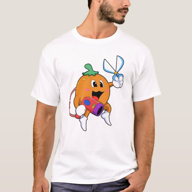 Camiseta Naranja como peluquero con tijeras y secador de pe (Anverso)