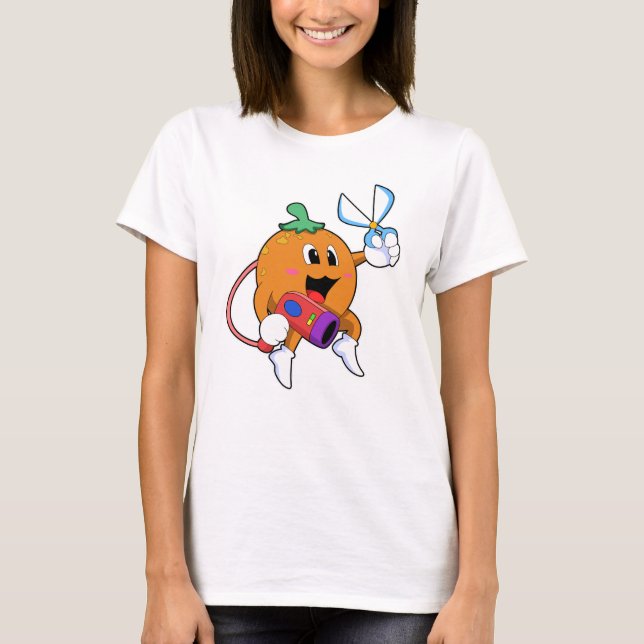 Camiseta Naranja como peluquero con tijeras y secador de pe (Anverso)
