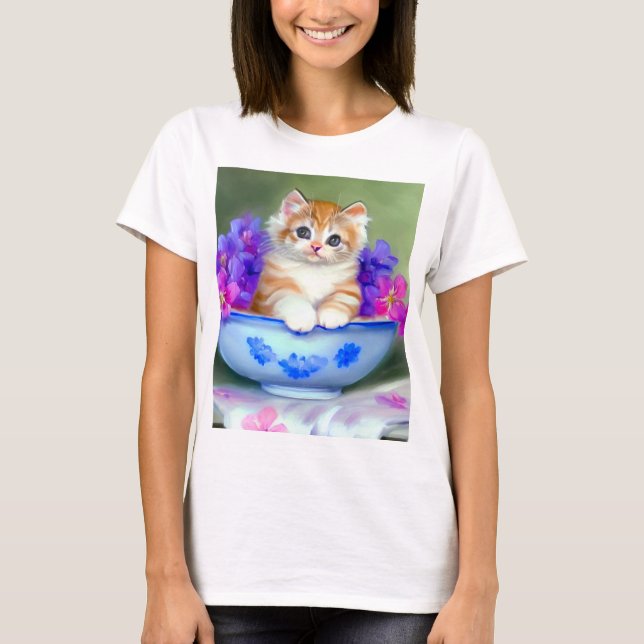 Camiseta Naranja de época y Ilustracion de gatito blanco (Anverso)