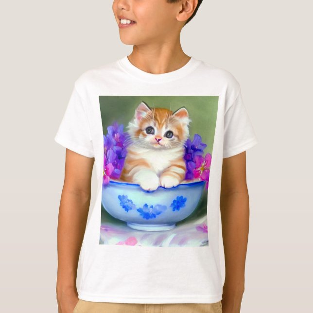 Camiseta Naranja de época y Ilustracion de gatito blanco (Anverso)