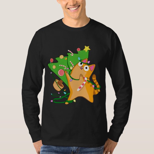 Camiseta Naranja de gatos navidades Tabby con árbol xmas de (Anverso)