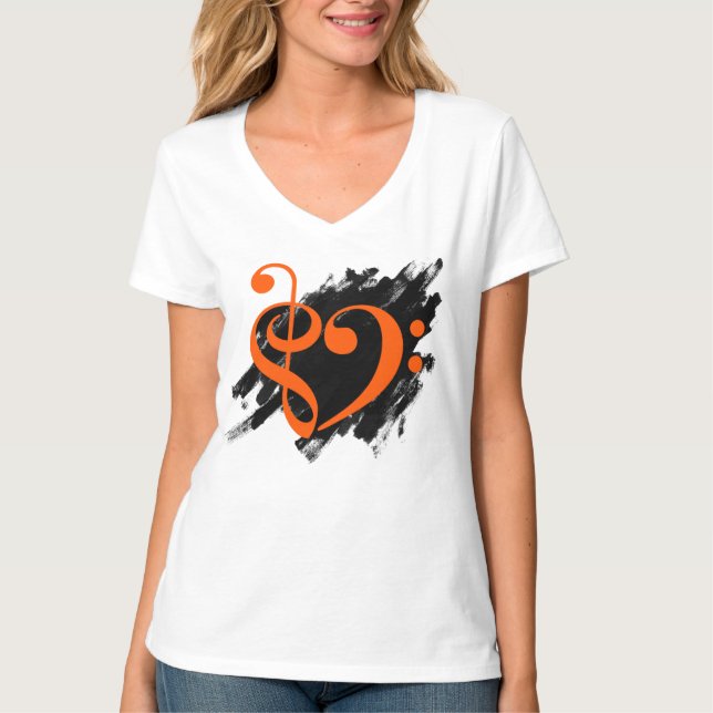 Camiseta Naranja del corazón musical Treble and Bass Clef (Anverso)