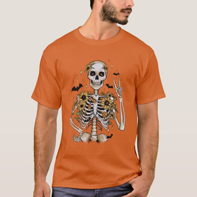 Camiseta Naranja del esqueleto de Halloween en otoño (Anverso)
