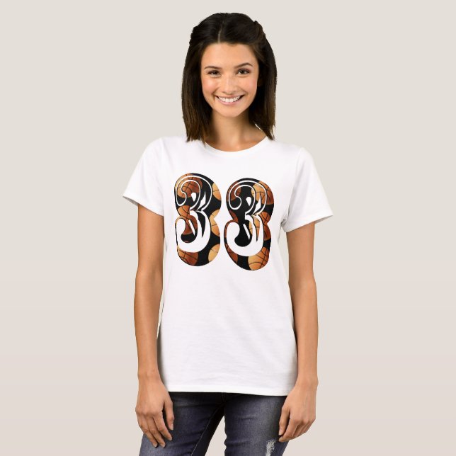 Camiseta Naranja Dimensional Baloncesto Negro Número 33, (Anverso completo)