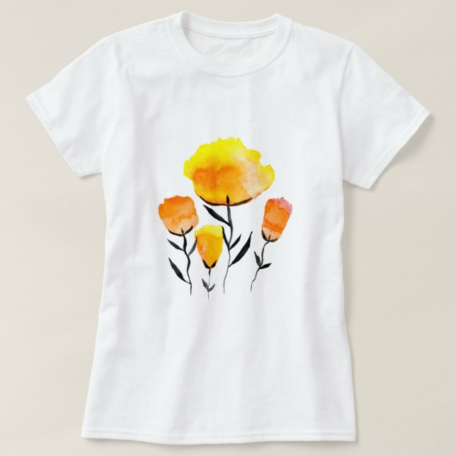 Camiseta Naranja feliz y flores amarillas (Diseño del anverso)