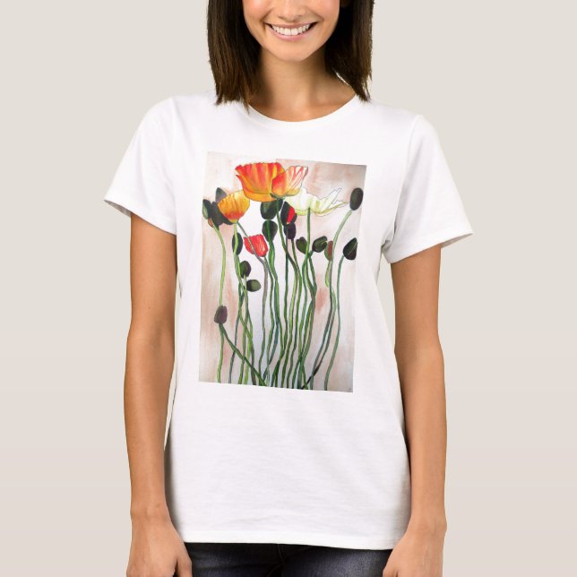 Camiseta Naranja Flores de amapola acuarela arte (Anverso)