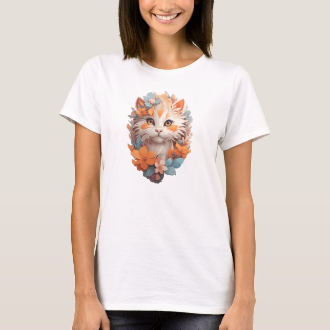 Camiseta Naranja lindo Floral Kitty Cat (Anverso)
