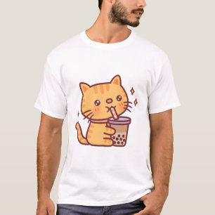 Camiseta Naranja lindo Tabby Cat Beber té Boba