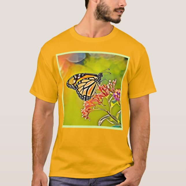 Camiseta Naranja mariposa en diseño de flores rosadas (Anverso)