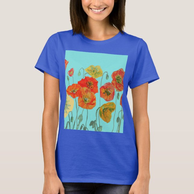 Camiseta Naranja Rojo Poppy flor acuática Aqua Art Flower (Anverso)