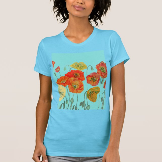 Camiseta Naranja Rojo Poppy flor acuática Aqua Art Flower (Anverso)