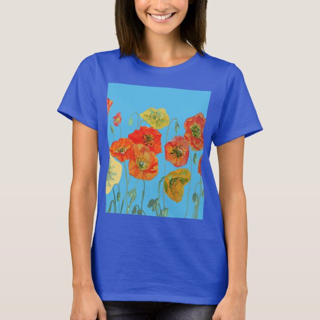 Camiseta Naranja Rojo Poppy flor de acuarela floral (Anverso)