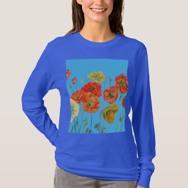 Camiseta Naranja Rojo Poppy flor de acuarela floral (Anverso)