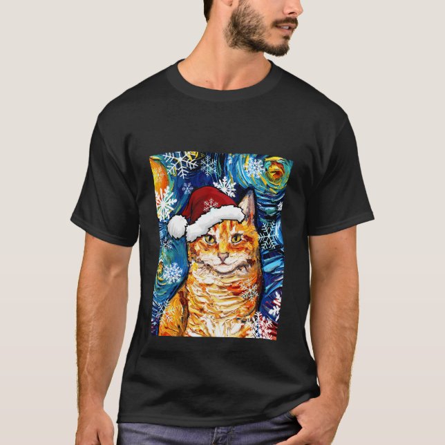 Camiseta Naranja Tabby Cat Santa Starry Night Navidades Art (Anverso)