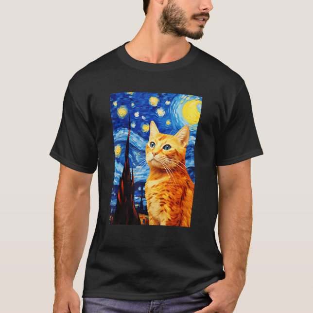 Camiseta Naranja Tabby Cat Starry Night Vincent van Gogh Ma (Anverso)