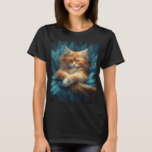 Camiseta Naranja Tabby Kitten en cama de plumas azules