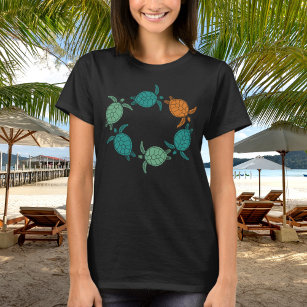 Camiseta naranja verde minimalista tortugas marinas nadando