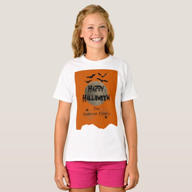 Camiseta Naranja y Black Spooky Modern Happy Halloween Kids (Anverso completo)