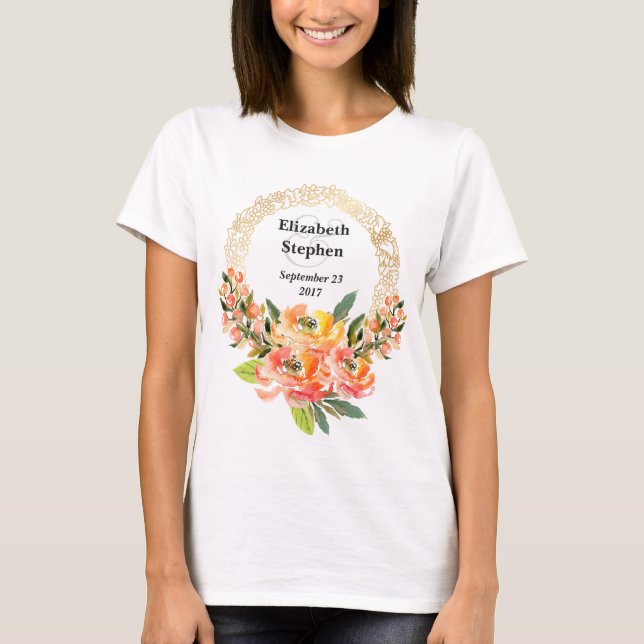 Camiseta Naranja y Boda floral de acuarela rosa (Anverso)
