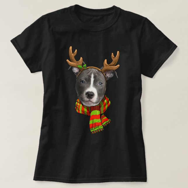Camiseta Nariz azul Pitbull Perro Exmisa Navidades de renos (Diseño del anverso)