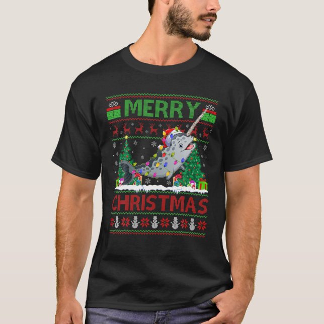 Camiseta Narwhal Fish Lover Xmas Iluminando a su feo Chris  (Anverso)