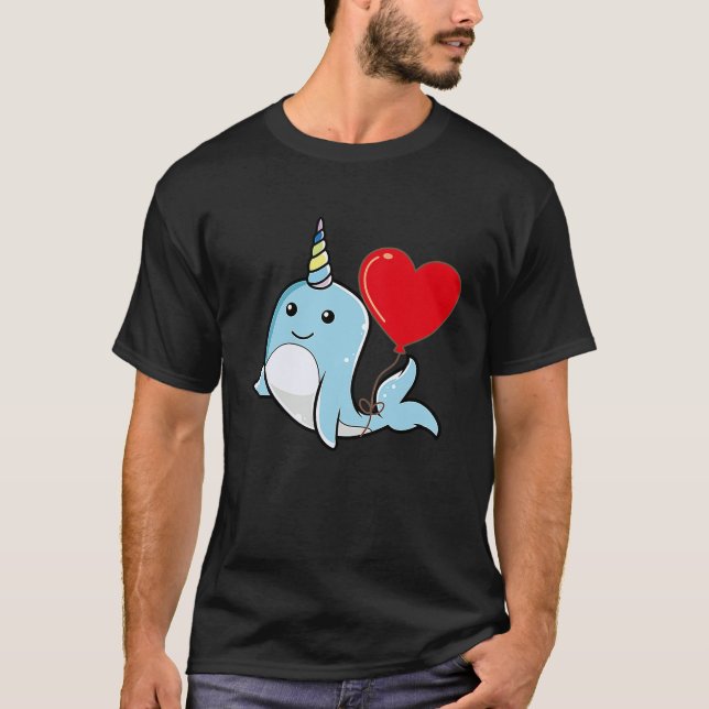 Camiseta Narwhal With Heart Balloon Valentines Day Love Boy (Anverso)