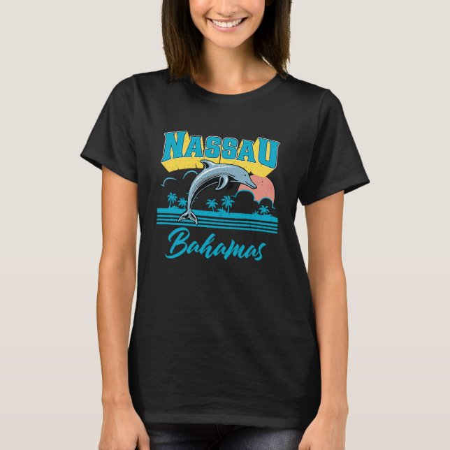 Camiseta Nassau Bahamas Sunset Palm Tree Dolphin Retro Vaca (Anverso)