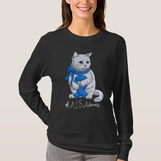 Camiseta National ALS Awareness Month Blue Ribbon Cute Cat (Anverso)