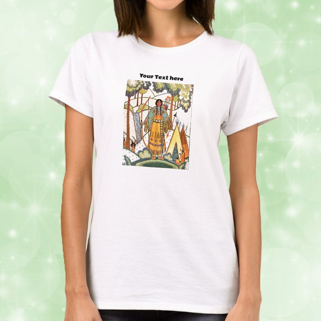 Camiseta Nativa Americana de Caída de Agua Tepe Embroidery (Native American lady in forest by waterfall in traditional clothing with embroidered look on shirt.)