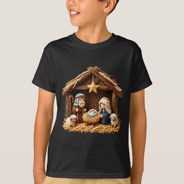 Camiseta Nativity Scene Faux Yarn Crochet Jesus Christmas R (Anverso)