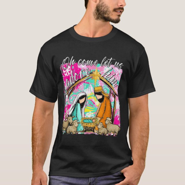 Camiseta Nativity Scene Oh Come Let Us Adore Him Christmas  (Anverso)