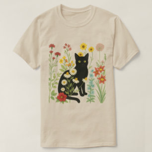 Camiseta Naturaleza Botánica – Gato Negro en Jardín de Flor