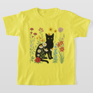 Camiseta Naturaleza botánica: gato negro en jardín de flore