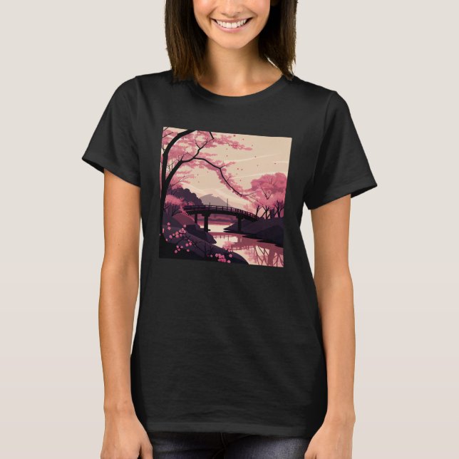 Camiseta Nature Inspired Cherry Blossom River and Bridge (Anverso)