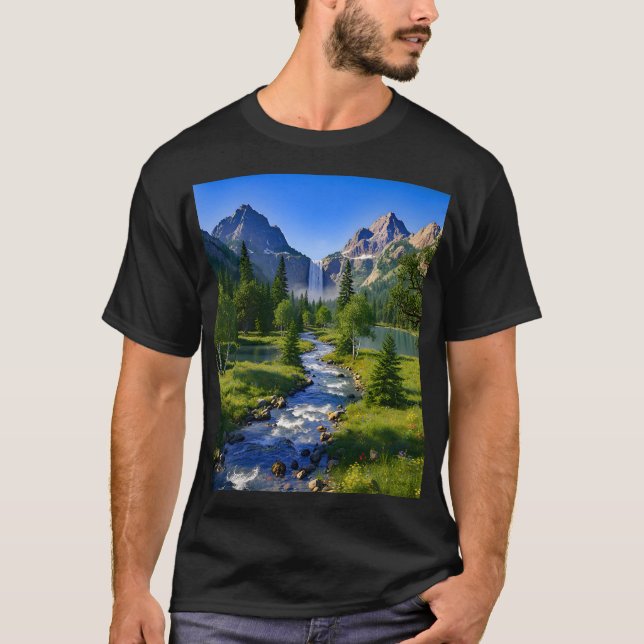 Camiseta Nature Mountains Waterfall River Trees Flowers (Anverso)