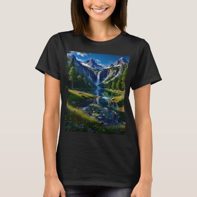 Camiseta Nature Scene Mountains Waterfalls Lake Pond Trees  (Anverso)