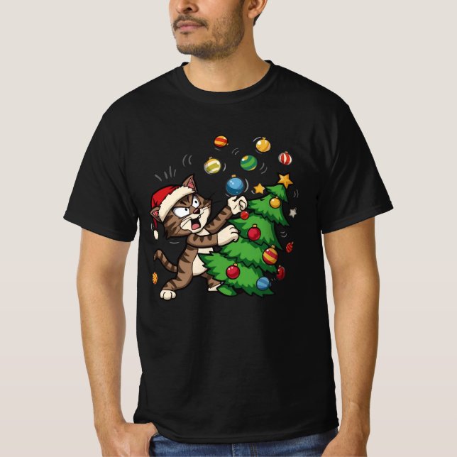 Camiseta Naughty Christmas Cat – Funny Cat Knocking On Tree (Anverso)