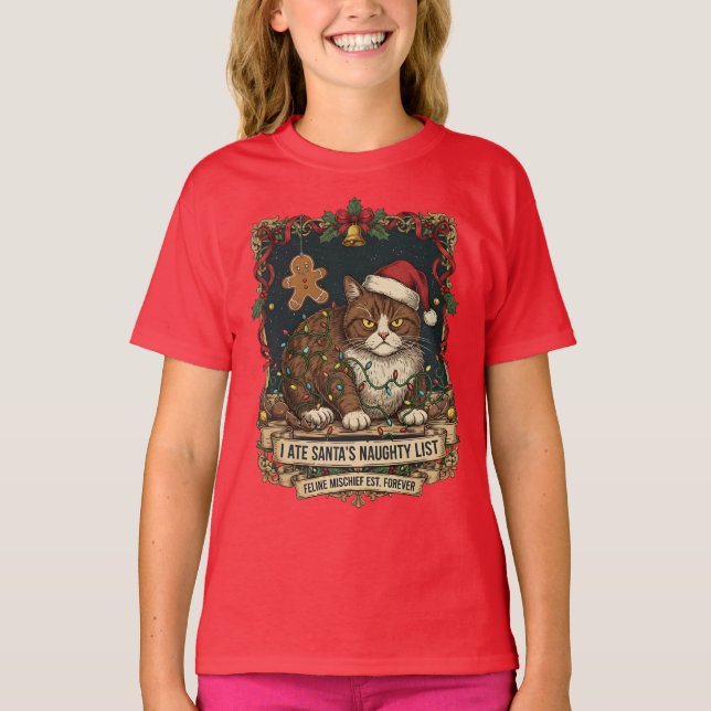 Camiseta "Naughty List" Cat Christmas Humor. (Anverso)