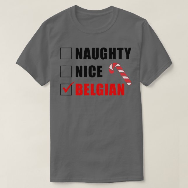 Camiseta Naughty Nice Navidades belgas de Candy Cane Santa  (Diseño del anverso)