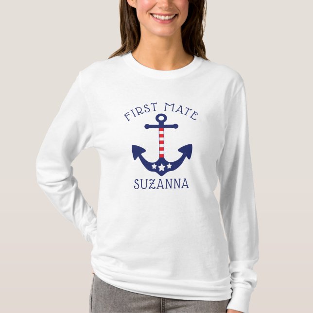 Camiseta Nautical Anchor Patriótico First Mate Añadir nombr (Anverso)