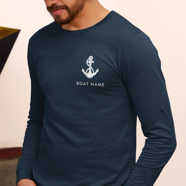 Camiseta Nautical Naval Blue Anchor Nombra a la tripulación (Nautical Navy Blue Anchor Boat Name Crew Custom Long Sleeves Navy Blue T-Shirt)