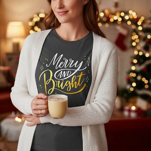 Camiseta Navidad alegre y brillante blanca y dorada