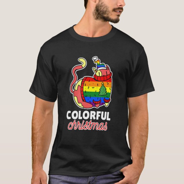 Camiseta Navidad Colorida Con Arcoíris Con Un Gato (Anverso)