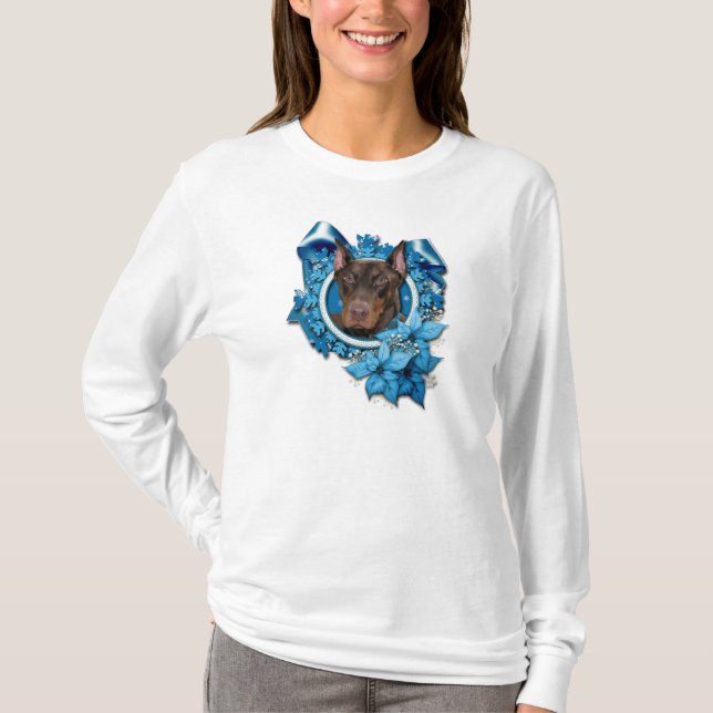 Camiseta Navidad - copo de nieve azul - Doberman - Rocky (Anverso)