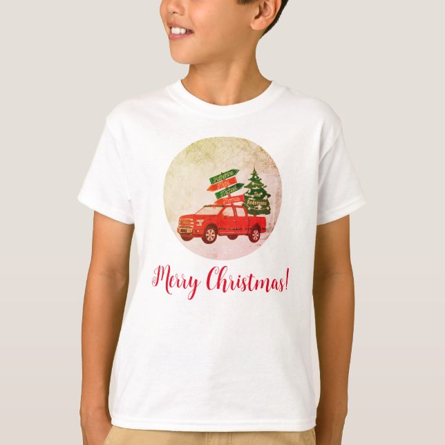 Camiseta Navidad de cosecha de camionetas rojas coincidente (Anverso)