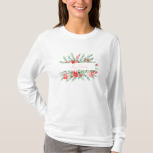 Camiseta Navidad de poinsettia y vegetación en acuarela